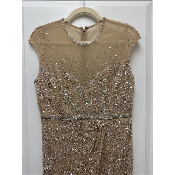 New Mac Duggal Size 8 Beige 5619 Embellished Illusion High Neck Cap Sleeve Gown - Picture 6 of 12